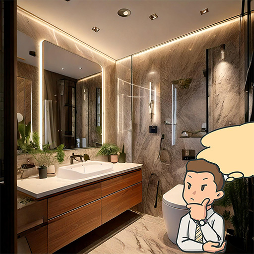 Image of a brightly lit interior of a rest room, along with a cartoon of a thinking person